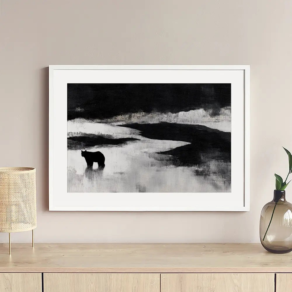 Bear By A River In Foggy Landscape Framed Art Print Bear By A River In Foggy Landscape Framed Art Print wall art product Chromatic Storm Studio