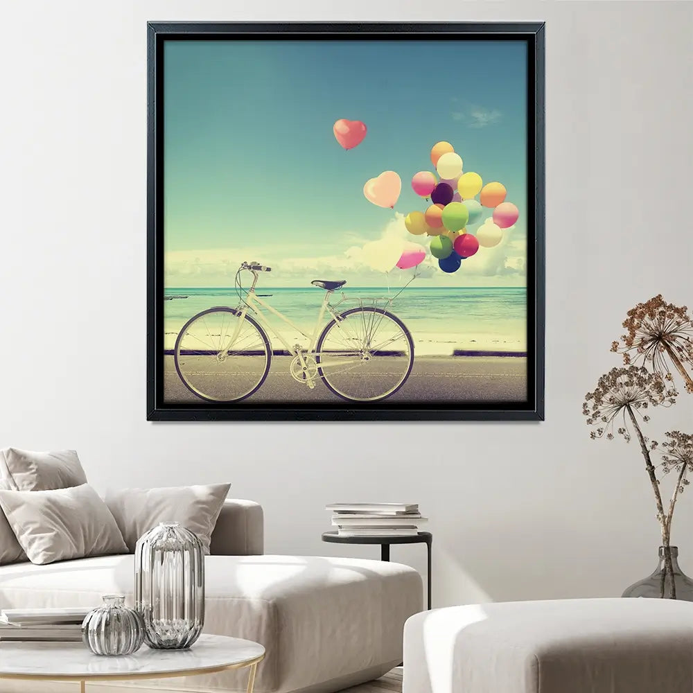 Bicycle And Balloons Square Canvas Print Bicycle And Balloons Square Canvas Print wall art product jakkapan / Shutterstock