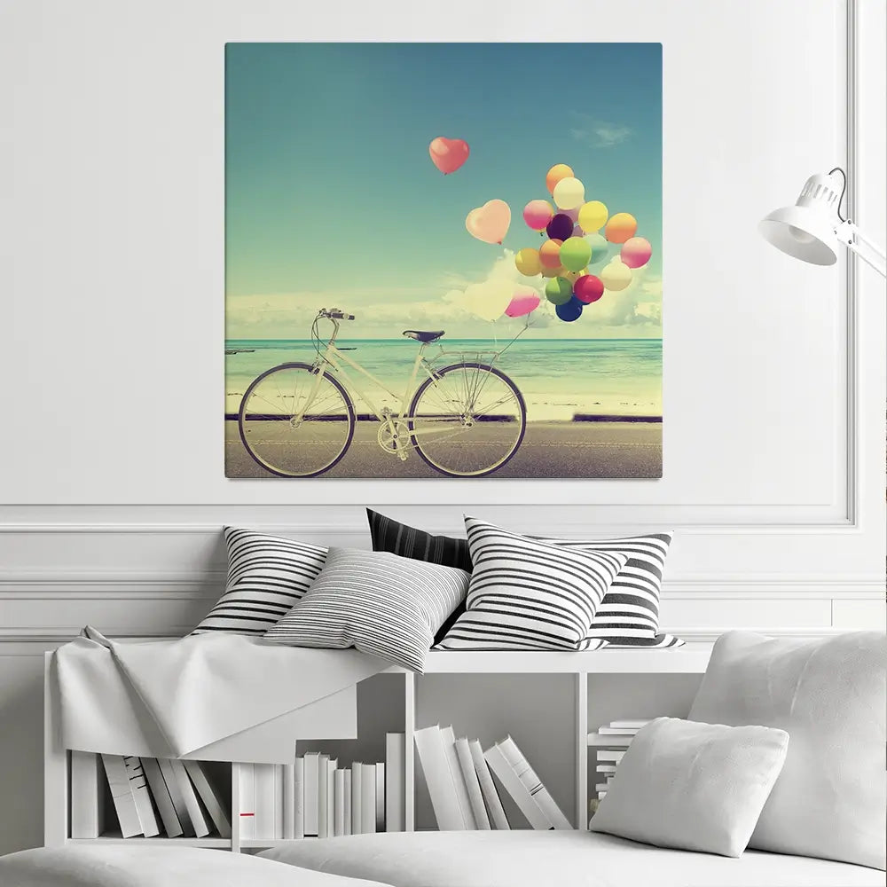 Bicycle And Balloons Square Canvas Print Bicycle And Balloons Square Canvas Print wall art product jakkapan / Shutterstock