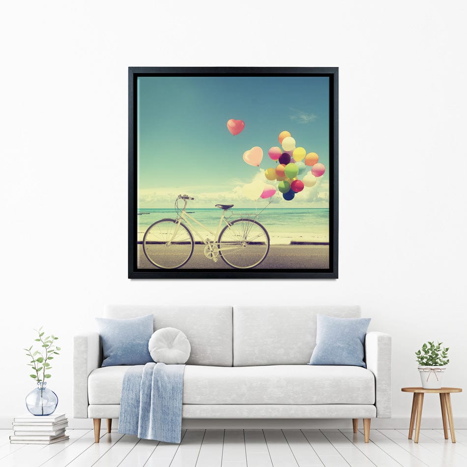 Bicycle And Balloons Square Canvas Print Bicycle And Balloons Square Canvas Print wall art product jakkapan / Shutterstock