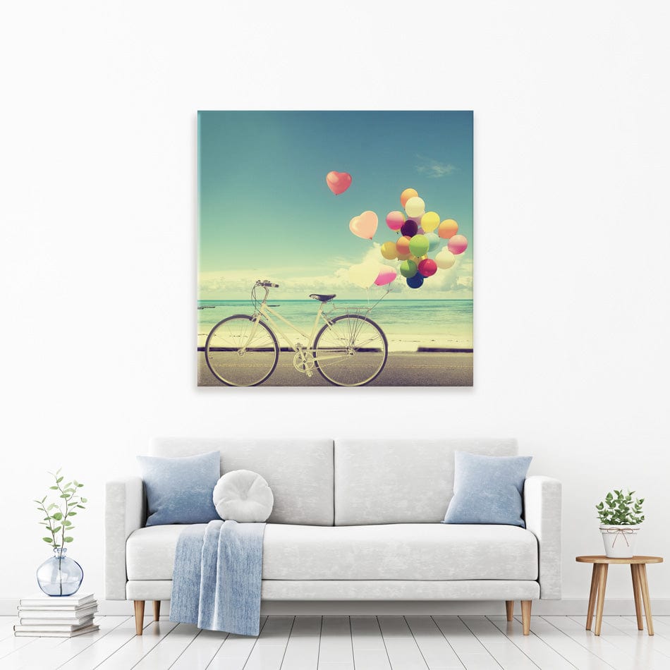 Bicycle And Balloons Square Canvas Print Bicycle And Balloons Square Canvas Print wall art product jakkapan / Shutterstock