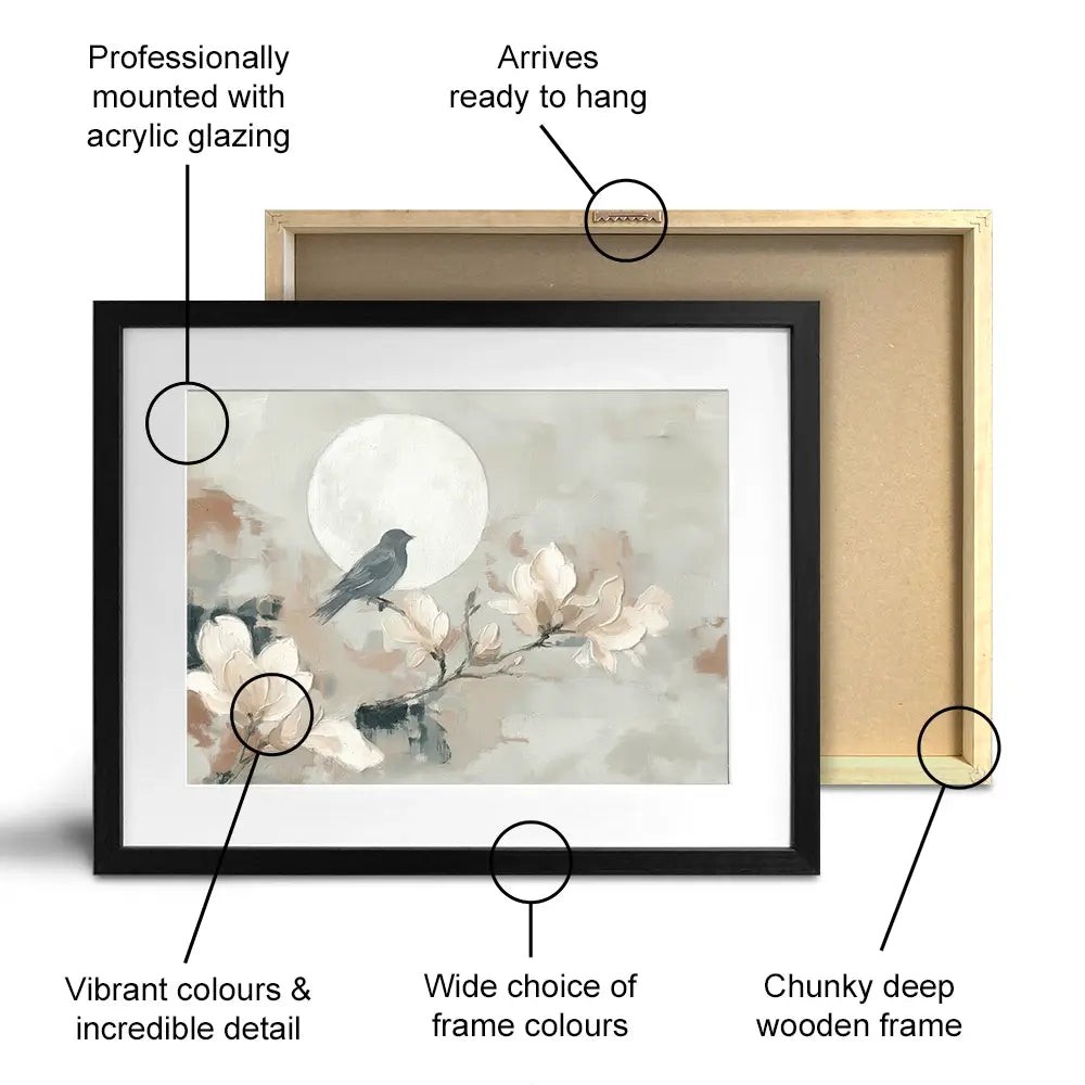 Bird Silhouette And Moon Framed Art Print Bird Silhouette And Moon Framed Art Print wall art product Chromatic Storm Studio