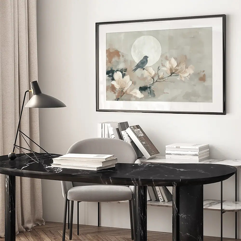 Bird Silhouette And Moon Framed Art Print Bird Silhouette And Moon Framed Art Print wall art product Chromatic Storm Studio