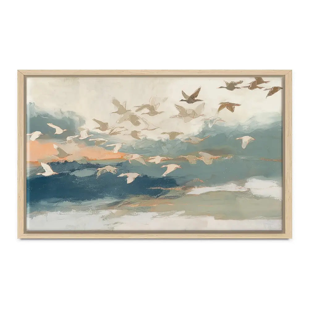 Birds In Flight At Dusk Over Open Water Canvas Print Birds In Flight At Dusk Over Open Water Canvas Print wall art product Chromatic Storm Studio