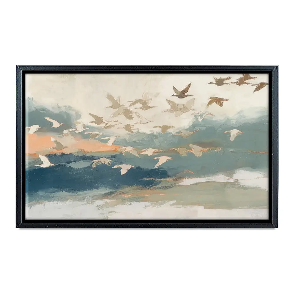 Birds In Flight At Dusk Over Open Water Canvas Print Birds In Flight At Dusk Over Open Water Canvas Print wall art product Chromatic Storm Studio