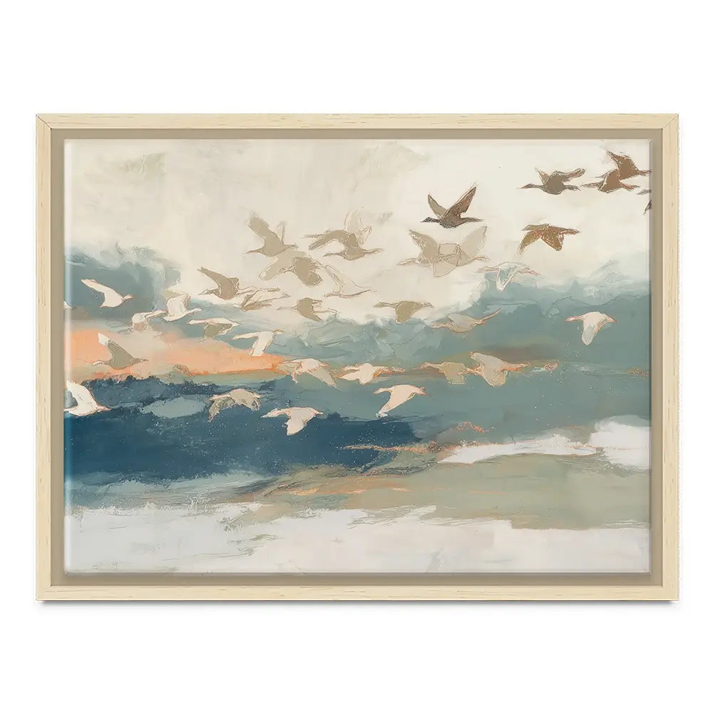 Birds In Flight At Dusk Over Open Water Canvas Print Birds In Flight At Dusk Over Open Water Canvas Print wall art product Chromatic Storm Studio