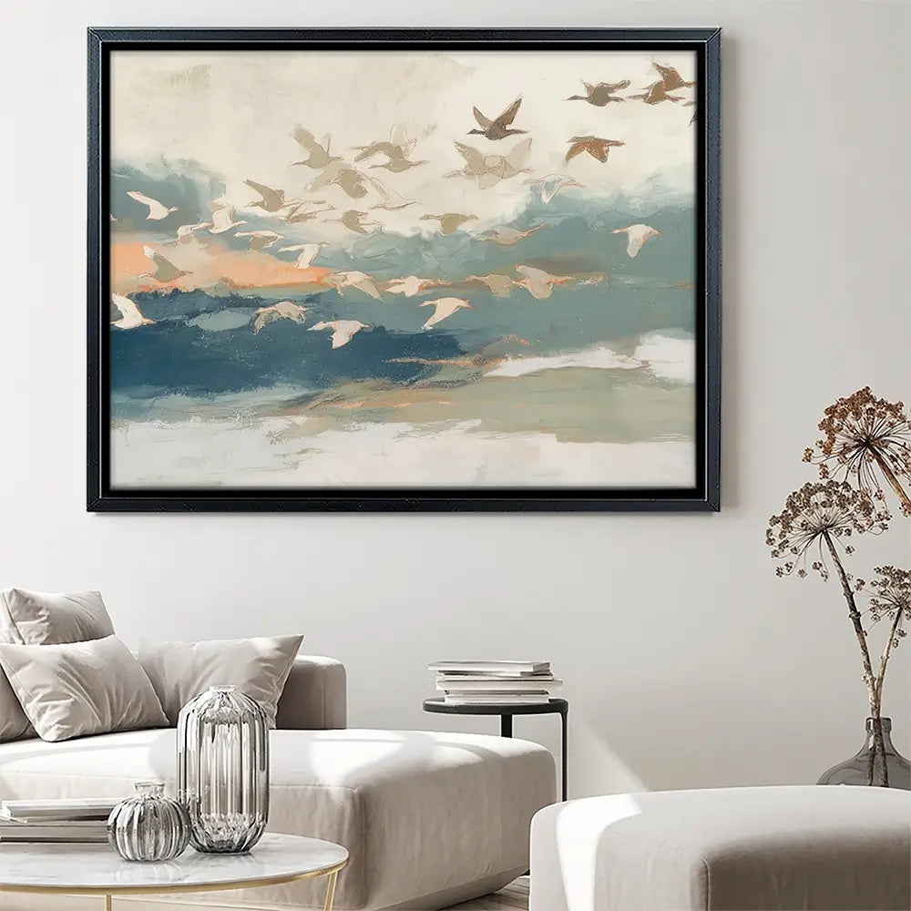 Birds In Flight At Dusk Over Open Water Canvas Print Birds In Flight At Dusk Over Open Water Canvas Print wall art product Chromatic Storm Studio