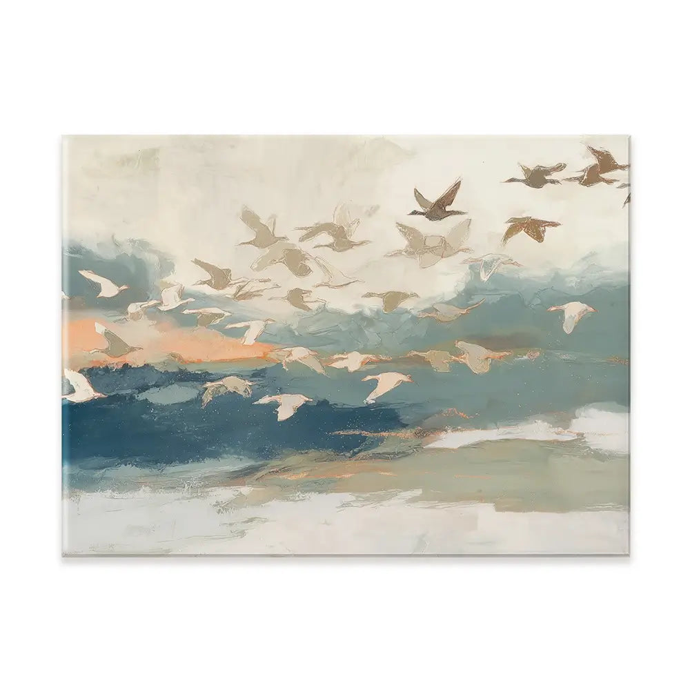Birds In Flight At Dusk Over Open Water Canvas Print Birds In Flight At Dusk Over Open Water Canvas Print wall art product Chromatic Storm Studio