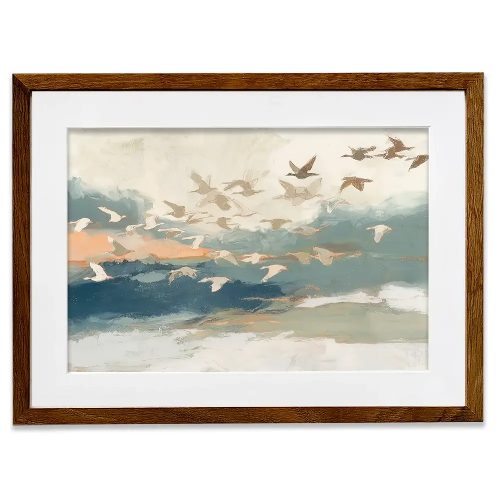 Birds In Flight At Dusk Over Open Water Framed Art Print Birds In Flight At Dusk Over Open Water Framed Art Print wall art product Chromatic Storm Studio