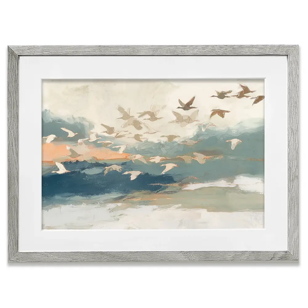 Birds In Flight At Dusk Over Open Water Framed Art Print Birds In Flight At Dusk Over Open Water Framed Art Print wall art product Chromatic Storm Studio
