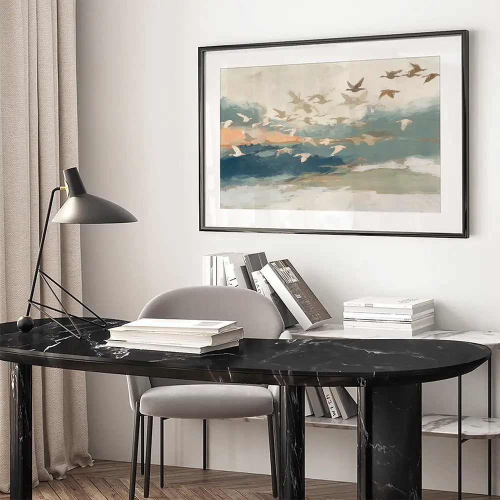 Birds In Flight At Dusk Over Open Water Framed Art Print Birds In Flight At Dusk Over Open Water Framed Art Print wall art product Chromatic Storm Studio