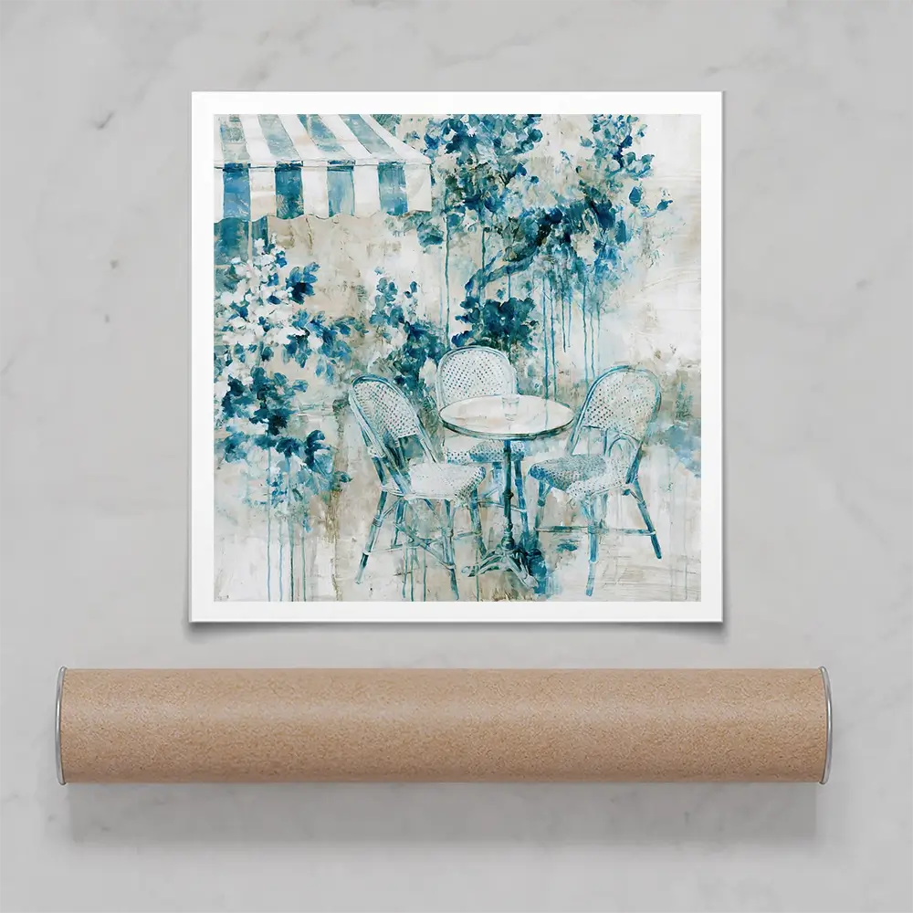 Bistro Table Under Striped Awning Square Art Print Bistro Table Under Striped Awning Square Art Print wall art product Chromatic Storm Studio