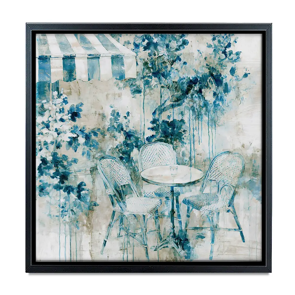 Bistro Table Under Striped Awning Square Canvas Print Bistro Table Under Striped Awning Square Canvas Print wall art product Chromatic Storm Studio