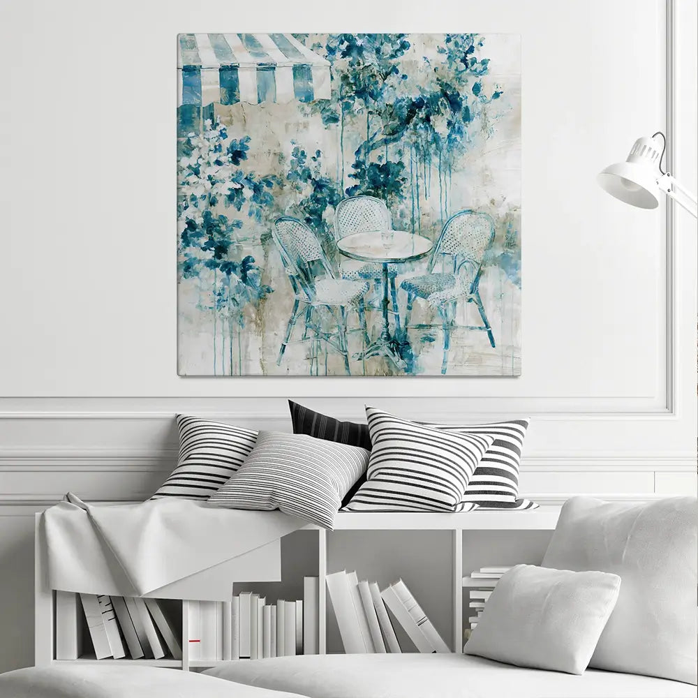 Bistro Table Under Striped Awning Square Canvas Print Bistro Table Under Striped Awning Square Canvas Print wall art product Chromatic Storm Studio