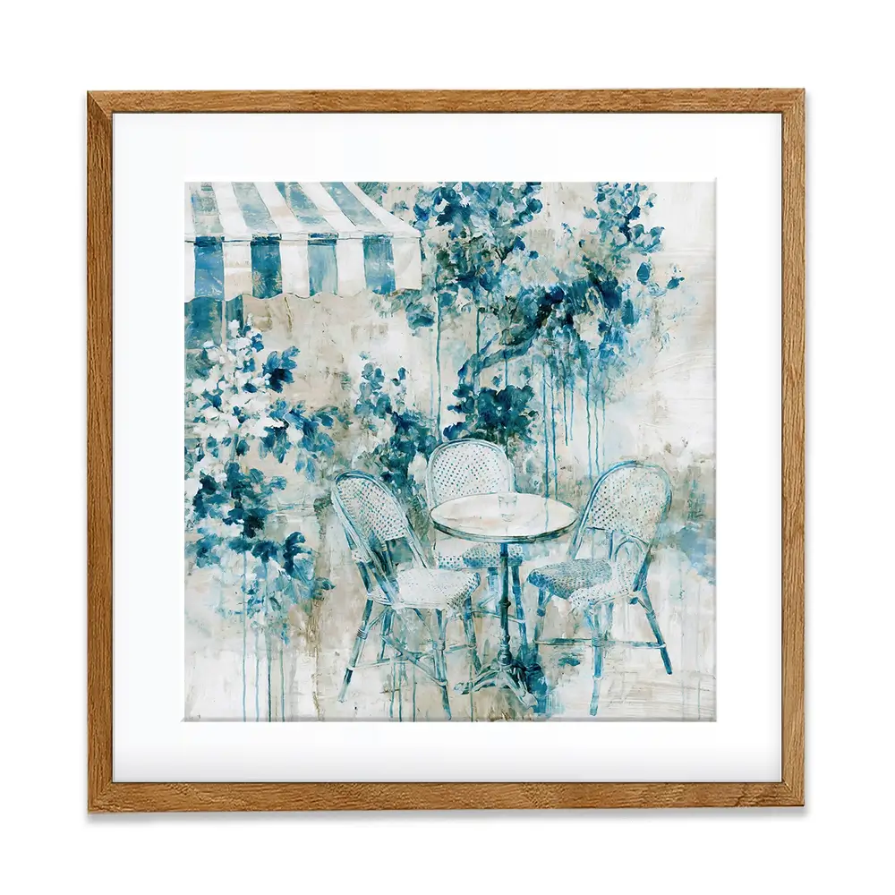 Bistro Table Under Striped Awning Square Framed Art Print Bistro Table Under Striped Awning Square Framed Art Print wall art product Chromatic Storm Studio