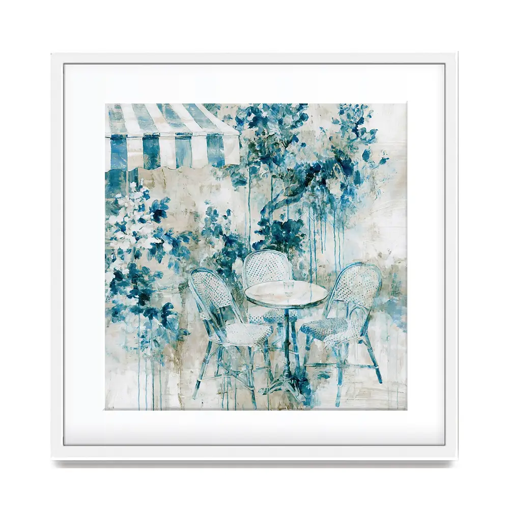 Bistro Table Under Striped Awning Square Framed Art Print Bistro Table Under Striped Awning Square Framed Art Print wall art product Chromatic Storm Studio