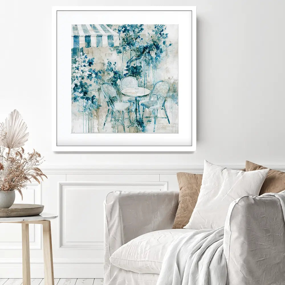 Bistro Table Under Striped Awning Square Framed Art Print Bistro Table Under Striped Awning Square Framed Art Print wall art product Chromatic Storm Studio
