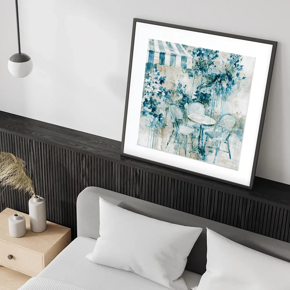 Bistro Table Under Striped Awning Square Framed Art Print Bistro Table Under Striped Awning Square Framed Art Print wall art product Chromatic Storm Studio