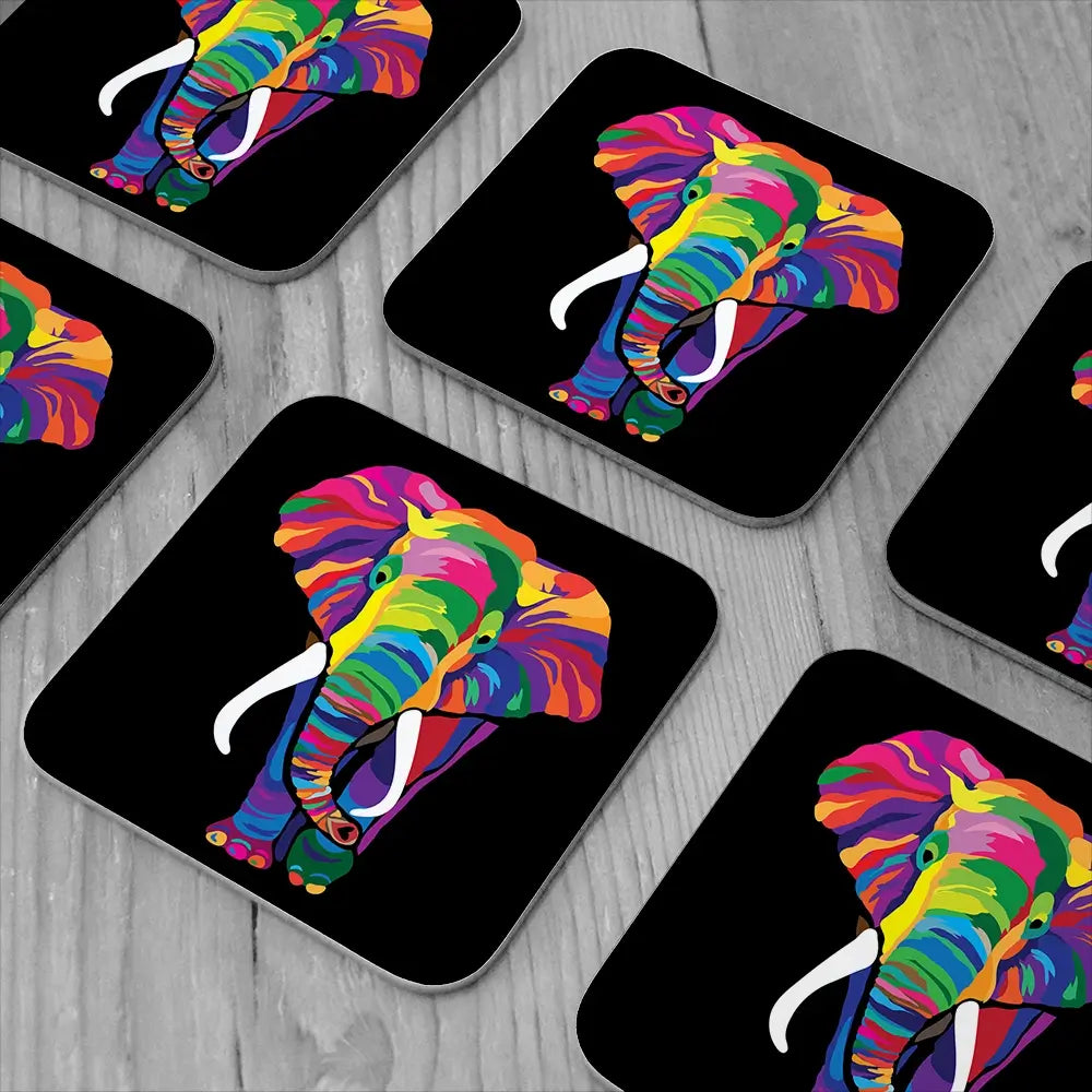 Black Colourful Elephant Coaster Set Rainbow Soul Tree Coaster Set | Rainbow Soul Tree Art Coasters wall art product Denel / Shutterstock