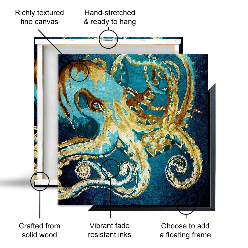 Blue And Gold Octopus Oversized Square Canvas Print Blue And Gold Octopus Oversized Square Canvas Print wall art product officeBBstudio / Shutterstock