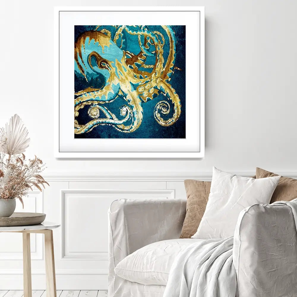 Blue And Gold Octopus Square Framed Art Print Blue And Gold Octopus Square Framed Art Print wall art product officeBBstudio / Shutterstock