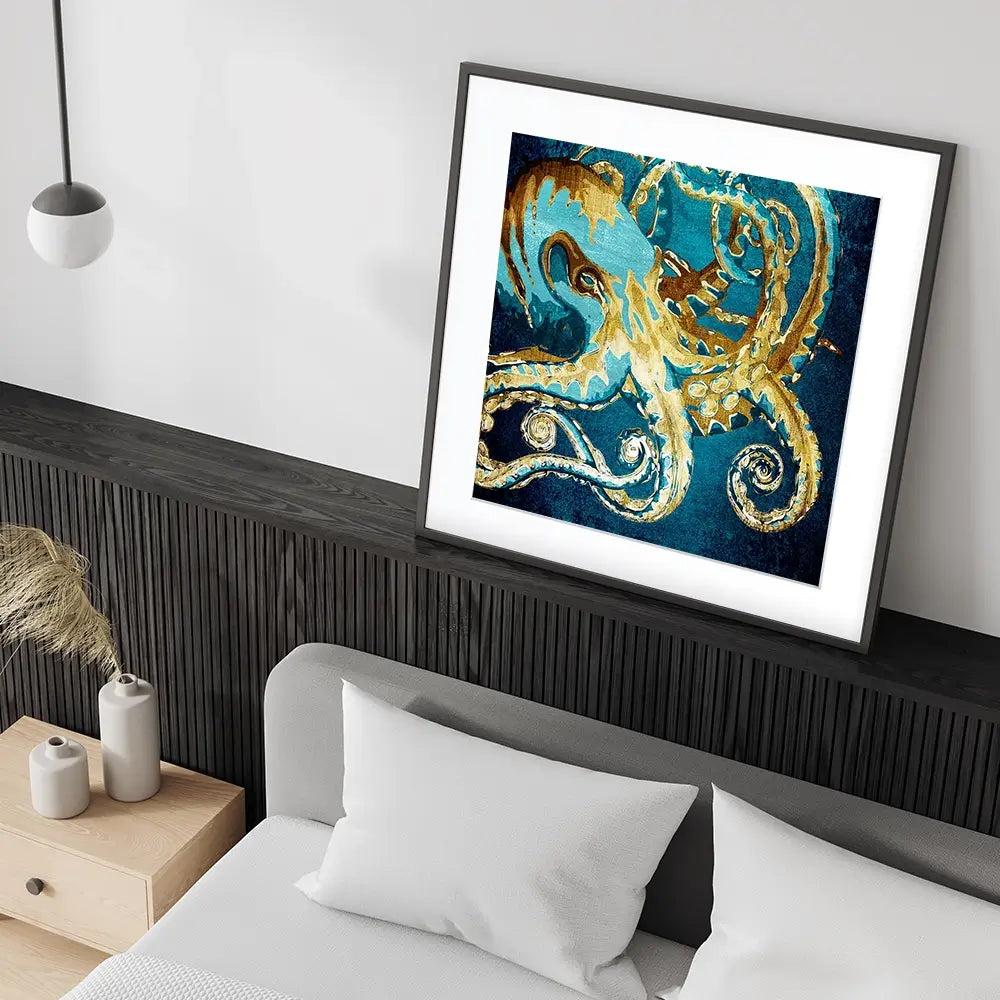 Blue And Gold Octopus Square Framed Art Print Blue And Gold Octopus Square Framed Art Print wall art product officeBBstudio / Shutterstock