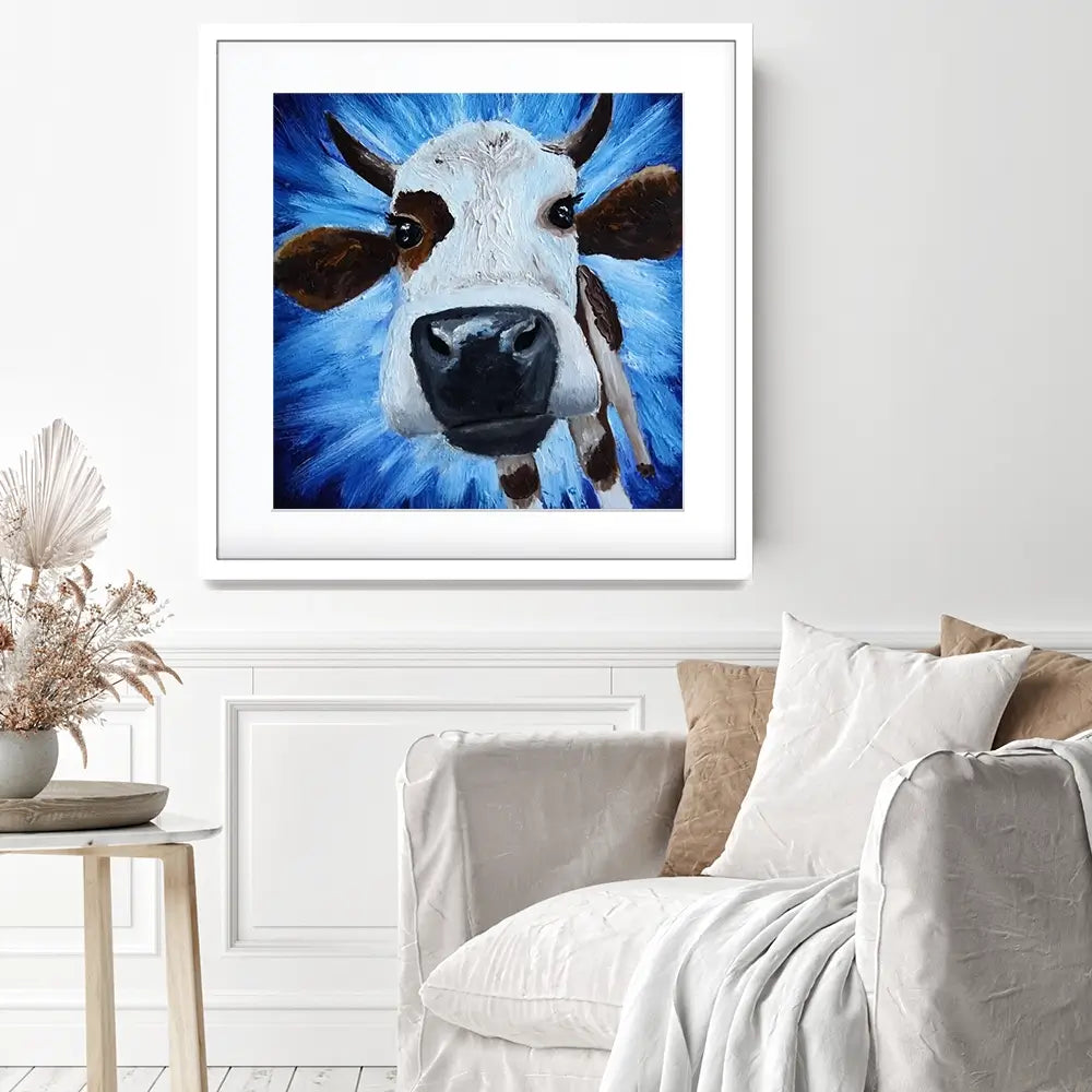 Blue Cow Square Framed Art Print Blue Cow Square Framed Art Print wall art product Daria Ermolina / Shutterstock