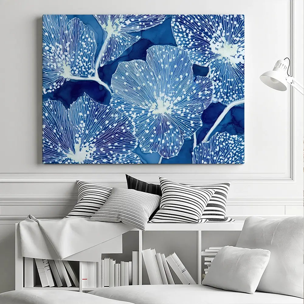 Blue Floral Pattern Close Up Canvas Print Blue Floral Pattern Close Up Canvas Print wall art product Chromatic Storm Studio