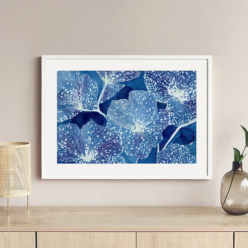 Blue Floral Pattern Close Up Framed Art Print Blue Floral Pattern Close Up Framed Art Print wall art product Chromatic Storm Studio