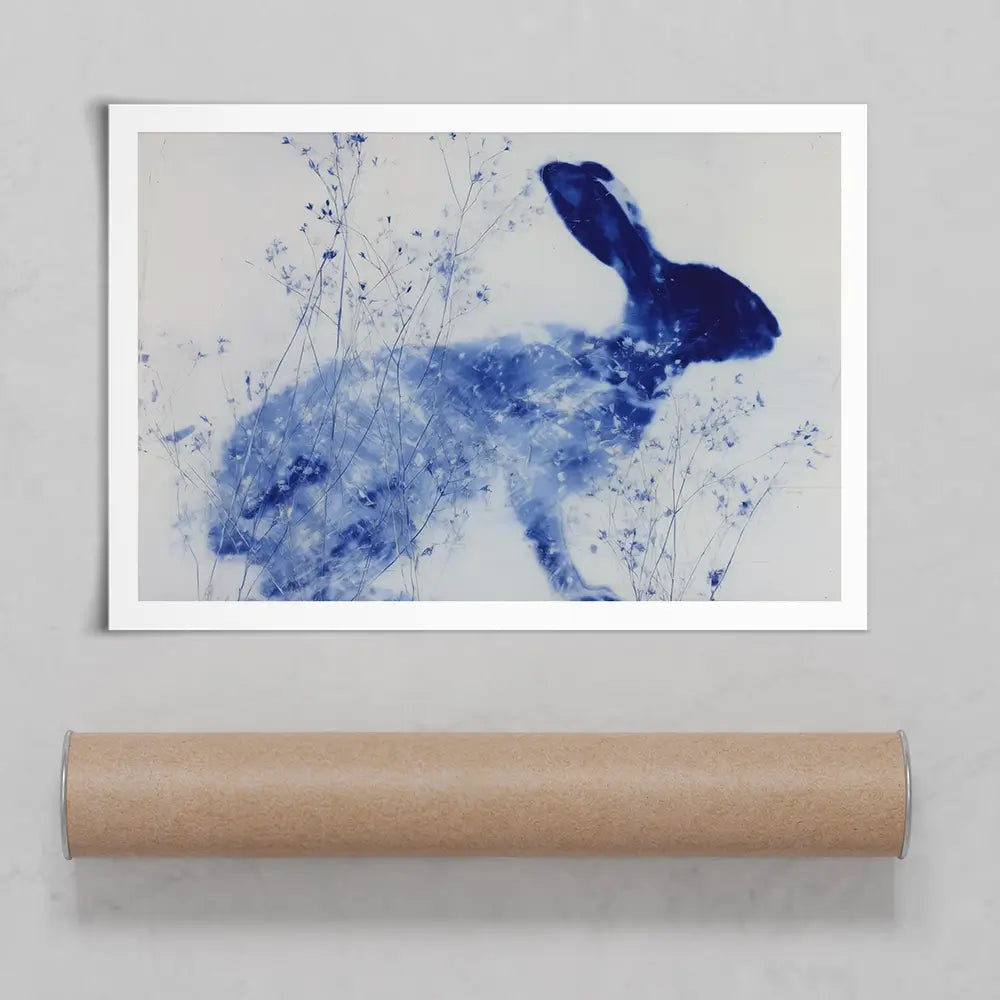 Blue Rabbit Silhouette With Wildflowers Art Print Blue Rabbit Silhouette With Wildflowers Art Print wall art product Chromatic Storm Studio