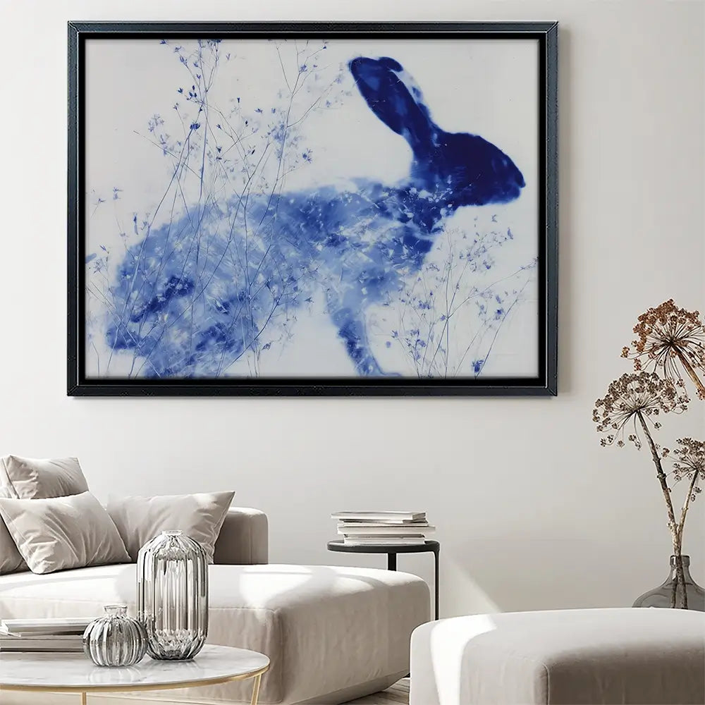 Blue Rabbit Silhouette With Wildflowers Canvas Print Blue Rabbit Silhouette With Wildflowers Canvas Print wall art product Chromatic Storm Studio