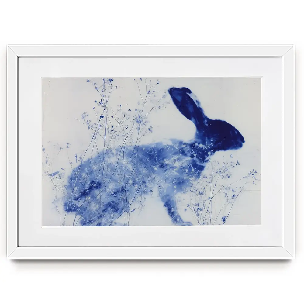Blue Rabbit Silhouette With Wildflowers Framed Art Print Blue Rabbit Silhouette With Wildflowers Framed Art Print wall art product Chromatic Storm Studio