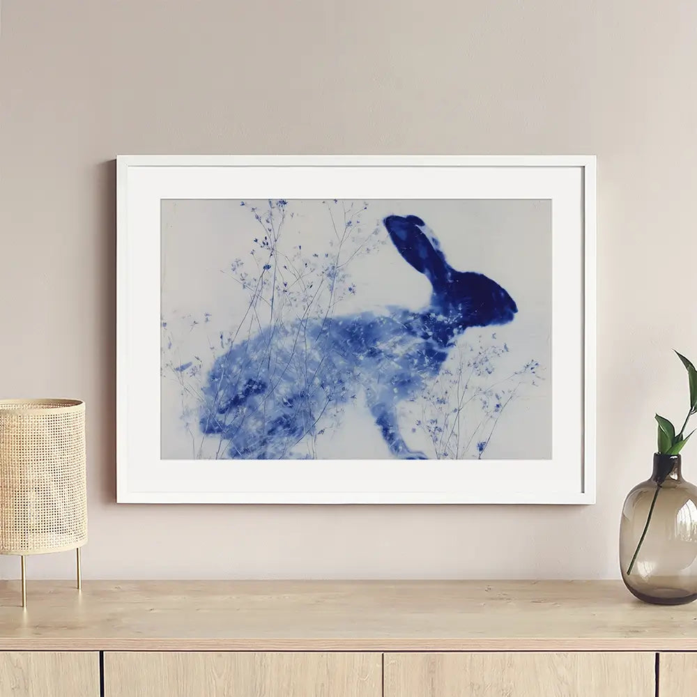 Blue Rabbit Silhouette With Wildflowers Framed Art Print Blue Rabbit Silhouette With Wildflowers Framed Art Print wall art product Chromatic Storm Studio