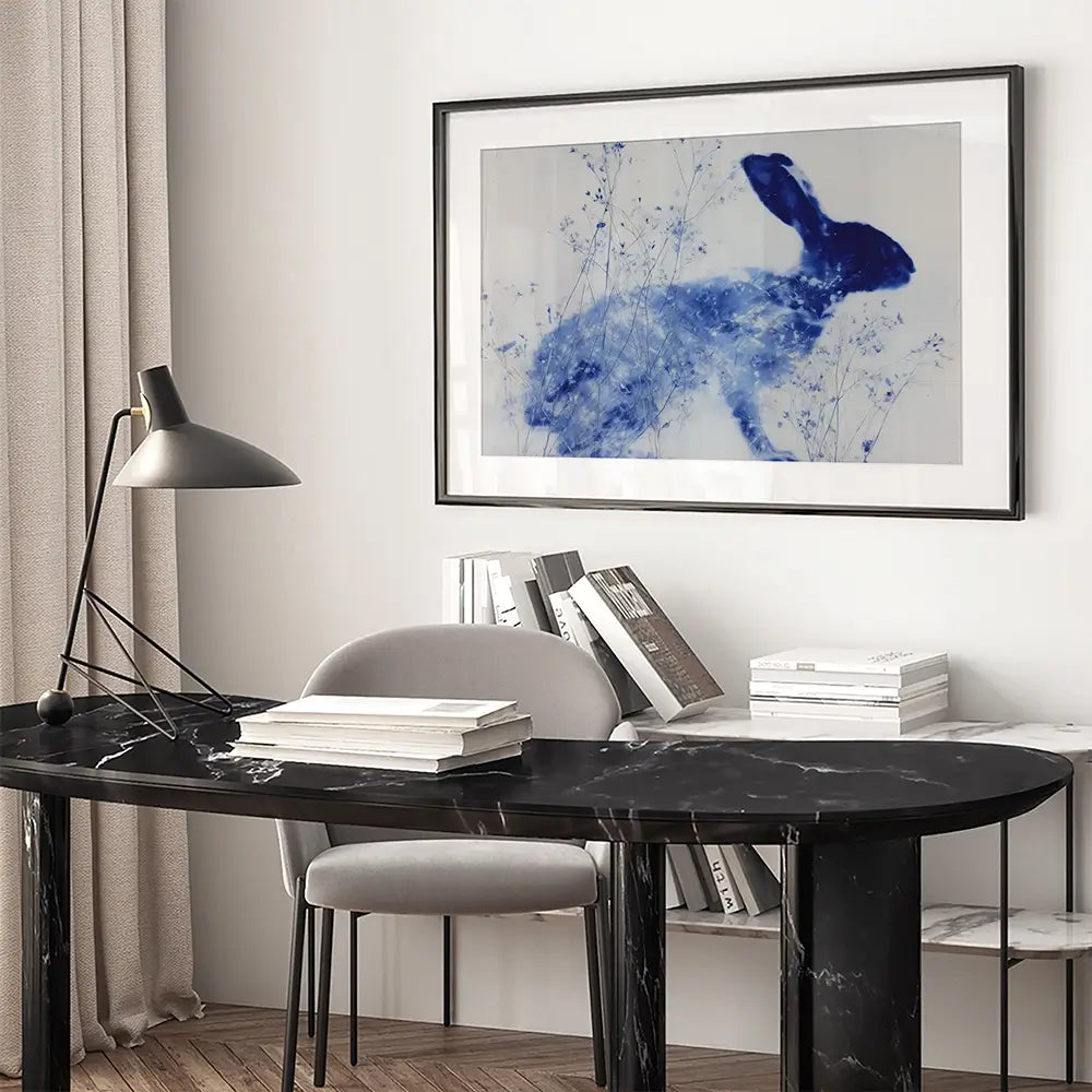 Blue Rabbit Silhouette With Wildflowers Framed Art Print Blue Rabbit Silhouette With Wildflowers Framed Art Print wall art product Chromatic Storm Studio