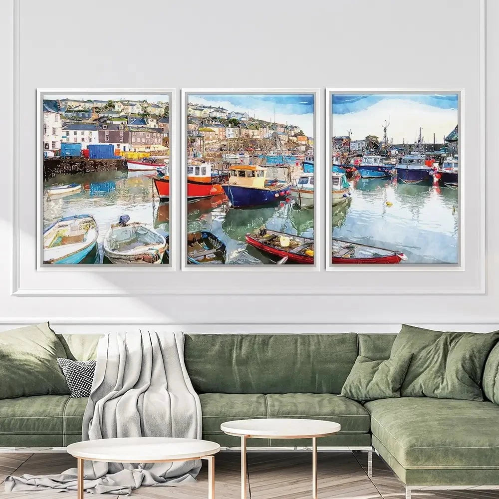 Boat Harbour Trio Canvas Print Boat Harbour Trio Canvas Print wall art product Helen Hotson / Shutterstock