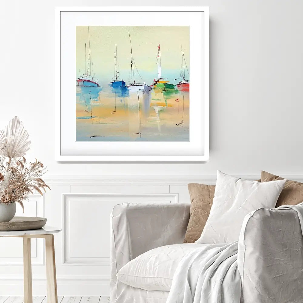 Boats From Afar Square Framed Art Print Boats From Afar Square Framed Art Print wall art product Oleksandr Bodnar / Shutterstock