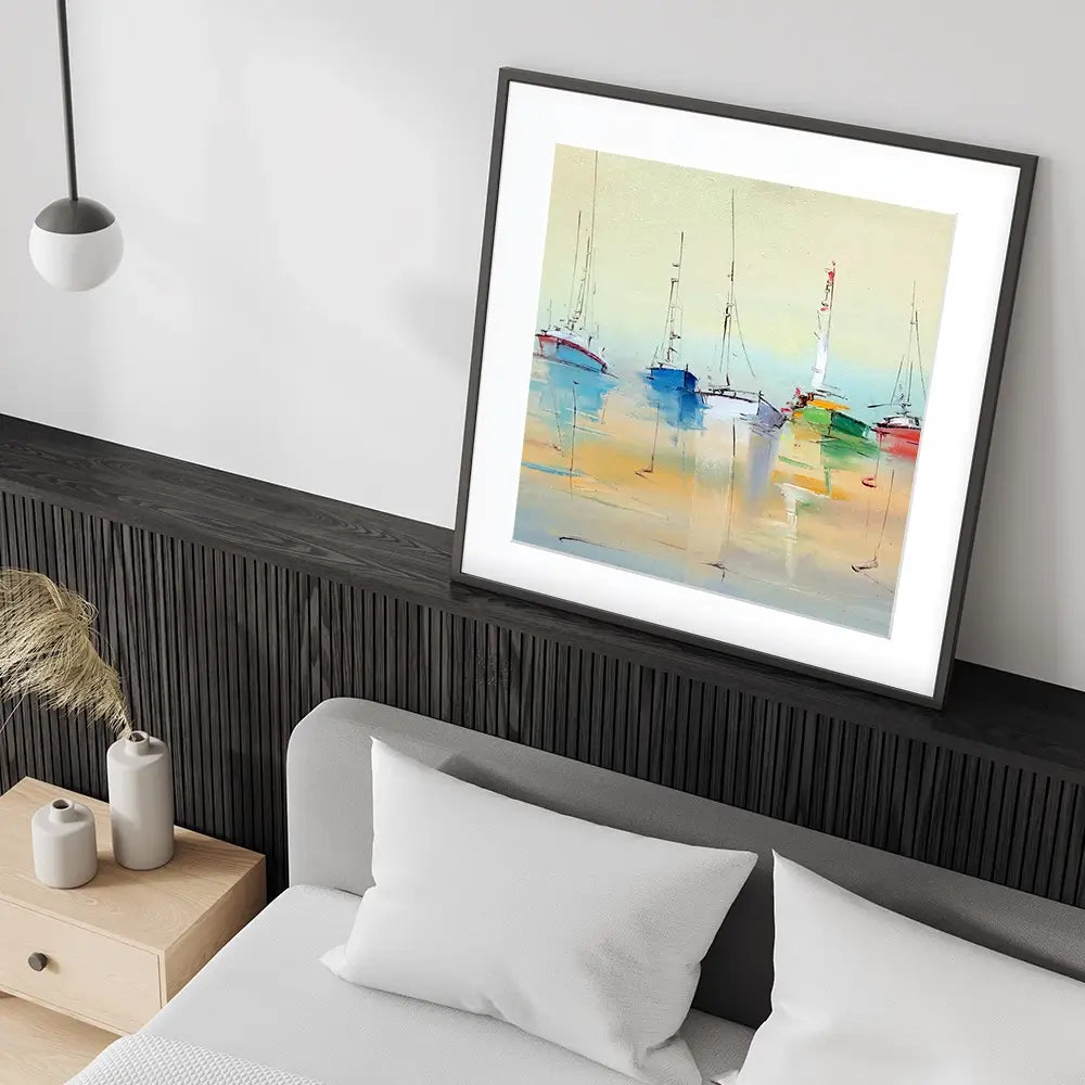 Boats From Afar Square Framed Art Print Boats From Afar Square Framed Art Print wall art product Oleksandr Bodnar / Shutterstock