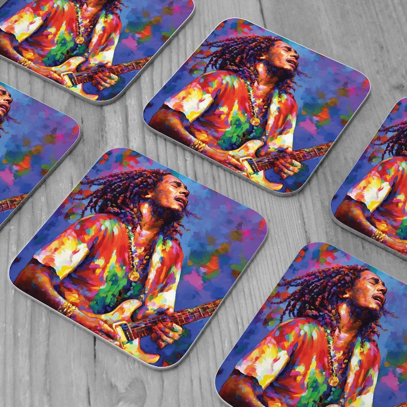 Bob Marley Coaster Set Rainbow Soul Tree Coaster Set | Rainbow Soul Tree Art Coasters wall art product Leon Devenice