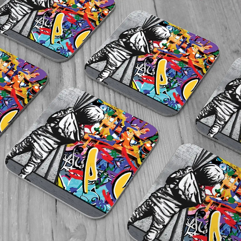 Boy Pulling Back The Curtain Coaster Set Rainbow Soul Tree Coaster Set | Rainbow Soul Tree Art Coasters wall art product Banksy