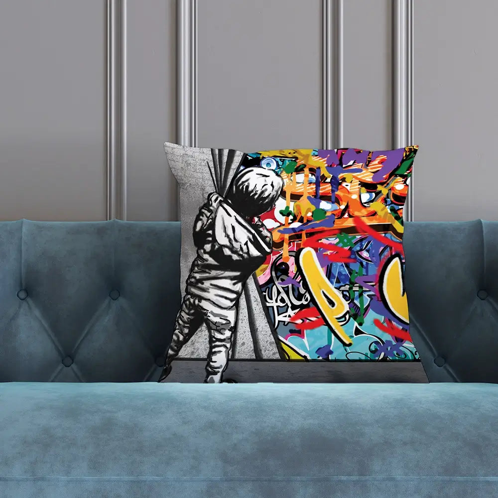 Boy Pulling Back The Curtain Cushion Boy Pulling Back The Curtain Cushion wall art product Banksy
