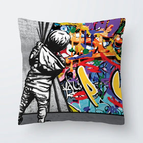 Boy Pulling Back The Curtain Cushion Boy Pulling Back The Curtain Cushion wall art product Banksy