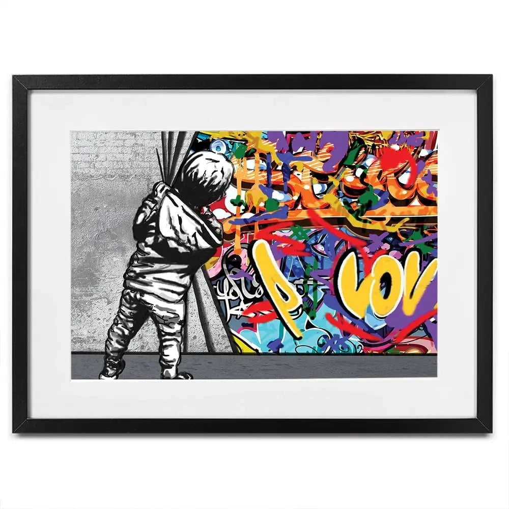 Boy Pulling Back The Curtain Framed Art Print Boy Pulling Back The Curtain Framed Art Print wall art product Banksy