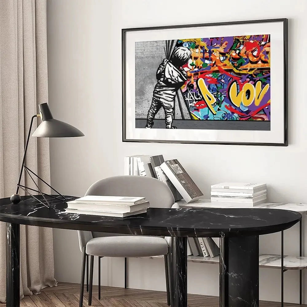 Boy Pulling Back The Curtain Framed Art Print Boy Pulling Back The Curtain Framed Art Print wall art product Banksy