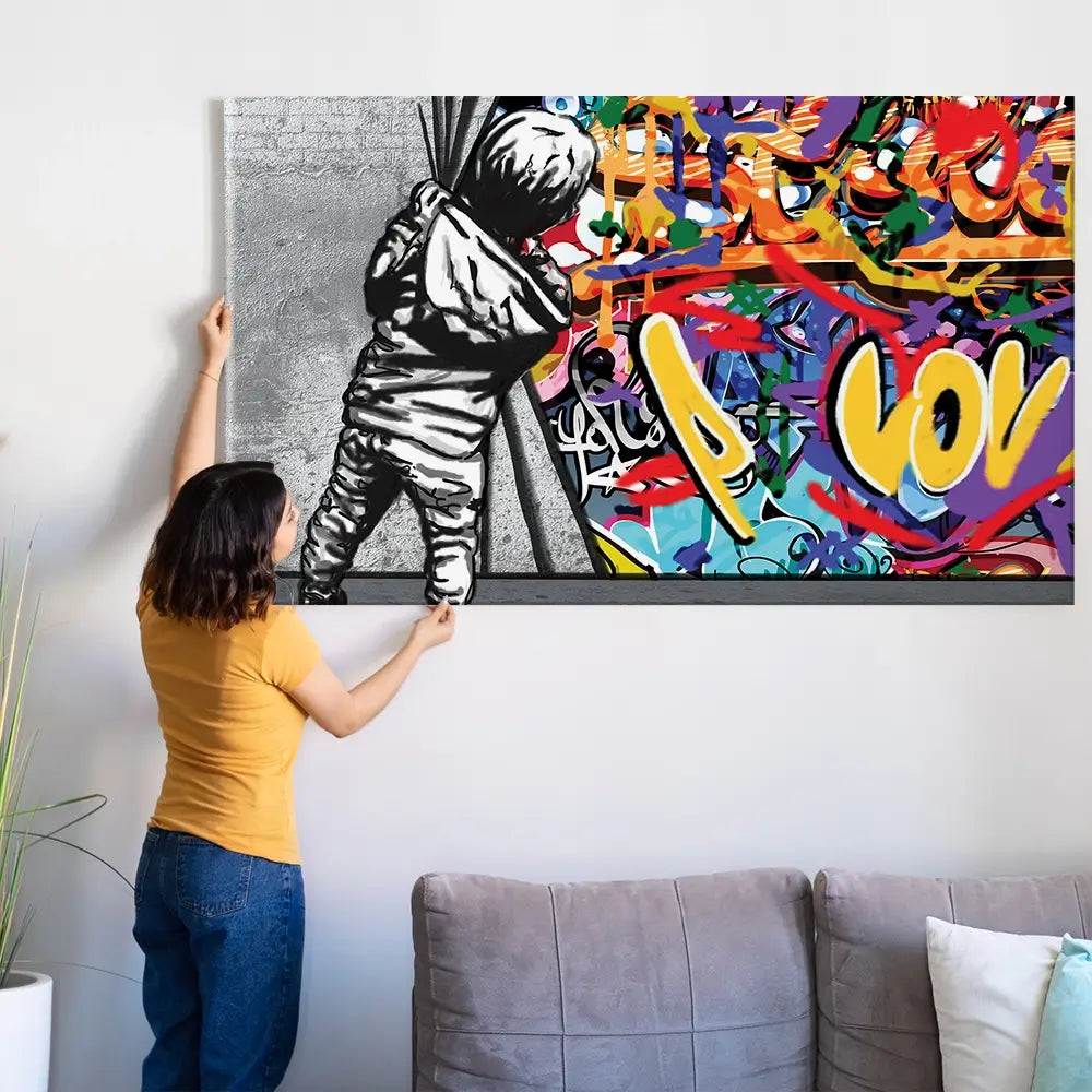 Boy Pulling Back The Curtain Oversized Canvas Print Boy Pulling Back The Curtain Oversized Canvas Print wall art product Art Print Shop