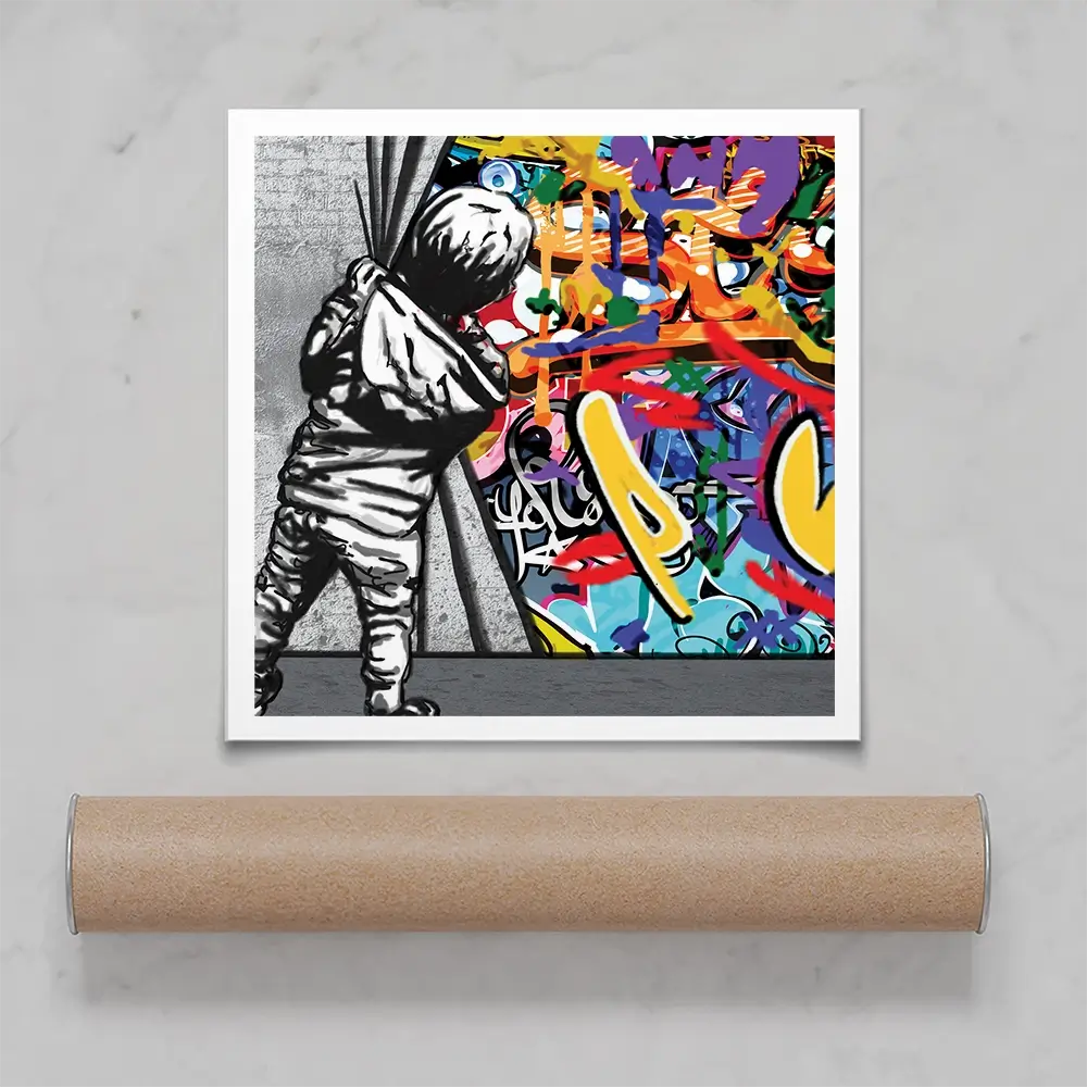 Boy Pulling Back The Curtain Square Art Print Boy Pulling Back The Curtain Square Art Print wall art product Banksy