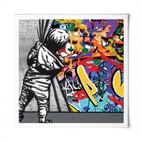 Boy Pulling Back The Curtain Square Art Print Boy Pulling Back The Curtain Square Art Print wall art product Banksy