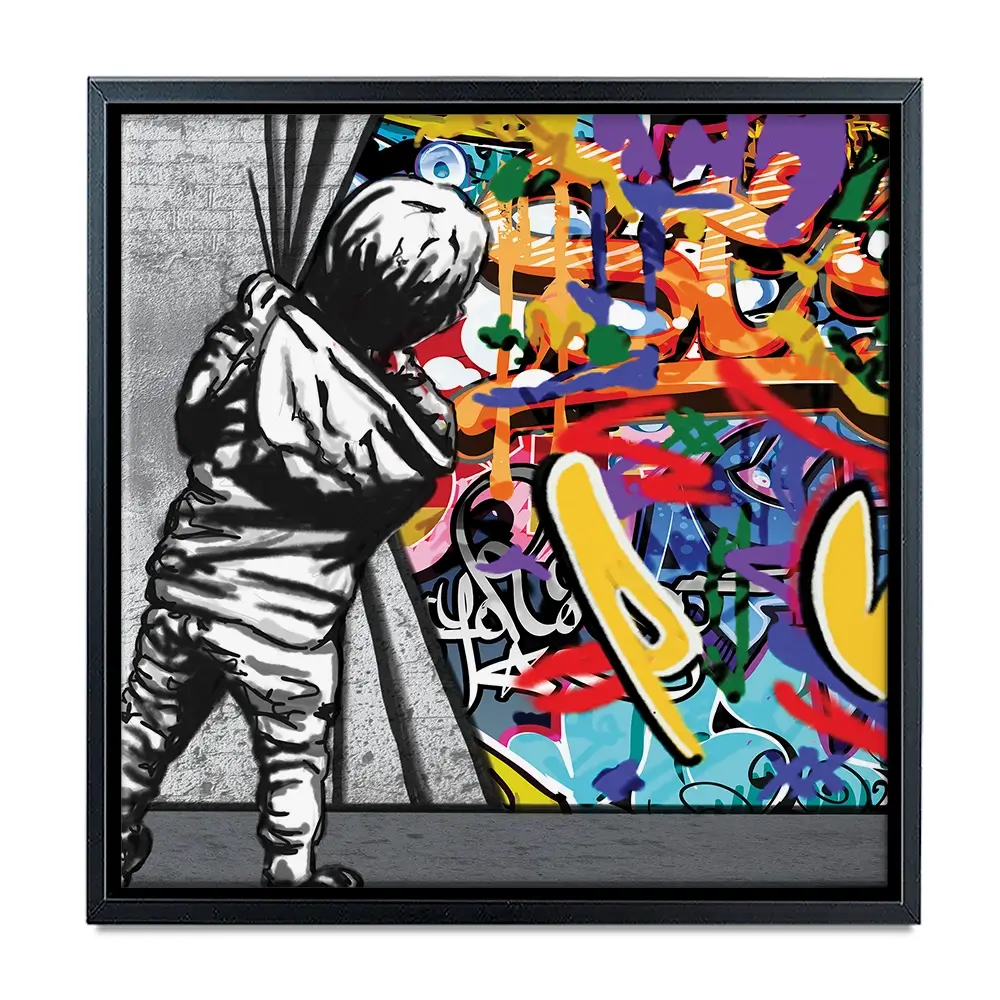 Boy Pulling Back The Curtain Square Canvas Print Boy Pulling Back The Curtain Square Canvas Print wall art product Banksy