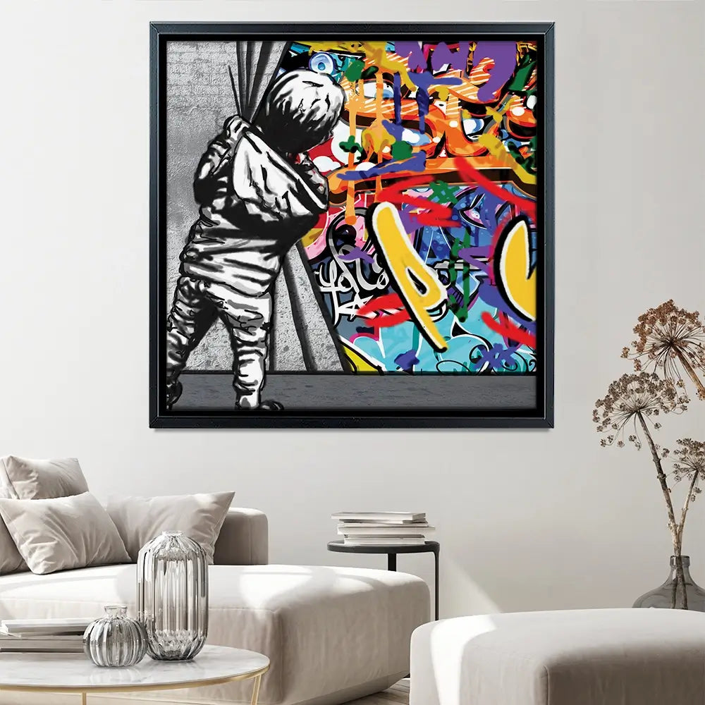 Boy Pulling Back The Curtain Square Canvas Print Boy Pulling Back The Curtain Square Canvas Print wall art product Banksy
