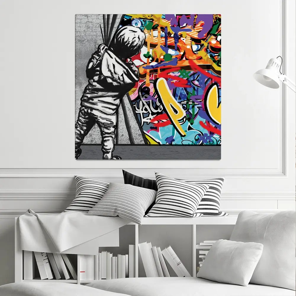 Boy Pulling Back The Curtain Square Canvas Print Boy Pulling Back The Curtain Square Canvas Print wall art product Banksy