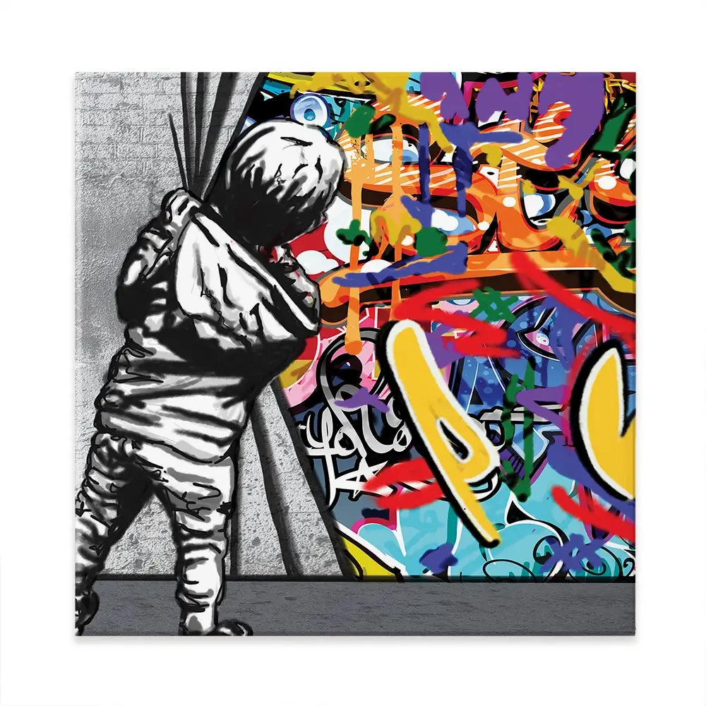 Boy Pulling Back The Curtain Square Canvas Print Boy Pulling Back The Curtain Square Canvas Print wall art product Banksy